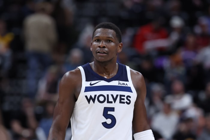 Mar 18, 2024; Salt Lake City, Utah, USA; Minnesota Timberwolves guard Anthony Edwards (5) looks on against the Utah Jazz during the fourth quarter at Delta Center.